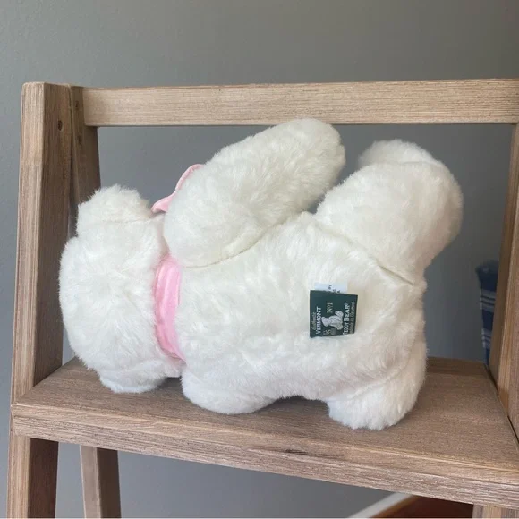 Cute Fluffy White Jointed Plush Bear with Pink Velvet Bow - Picture 13 of 13